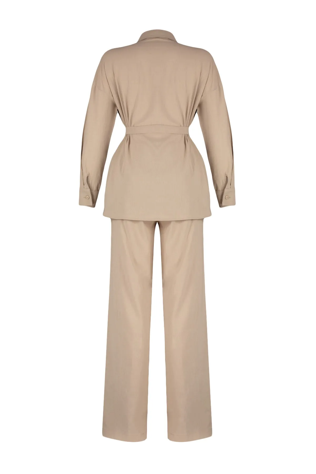 Trendyol Collection  Nerzfarbenes Al-Top-Set mit gewebtem Gürtel TWOSS23AU00072