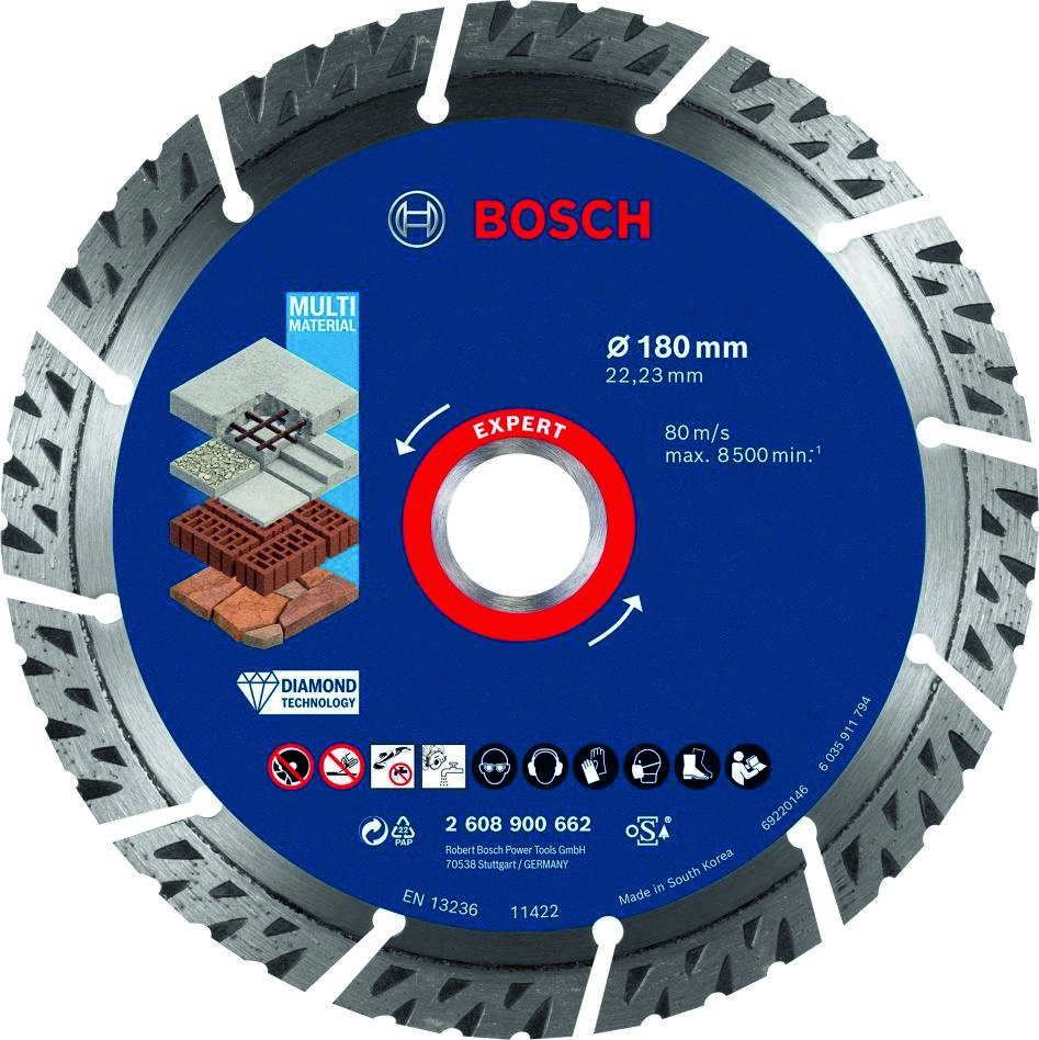Bosch Blue Zubehör 2608900662 Expert MultiMaterial Diamanttrennscheibe 180 x 22,23 x 2,4 x 12 mm