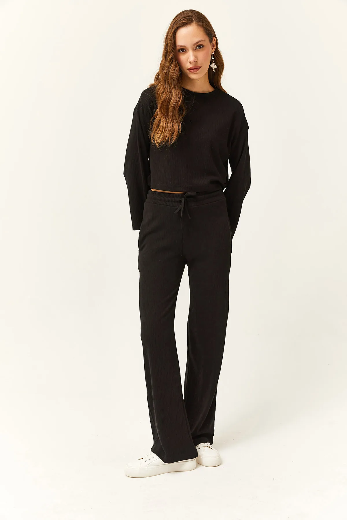 Olalook  Damen Schwarzes Oberteil Lockere Bluse Unterteil Taschenhose Set