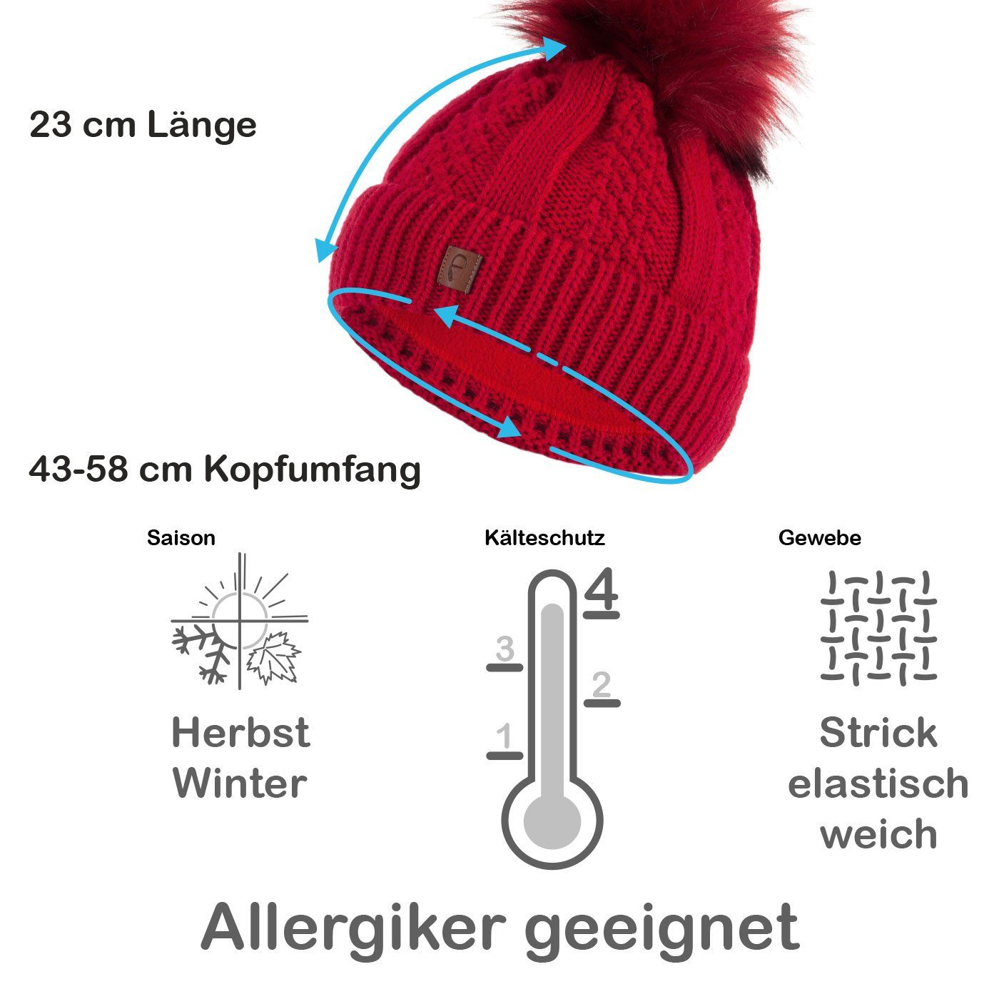 Faera Bommelmütze Wintermütze Damen Herren Mützen Beanie Haube gefüttert Strickmütze