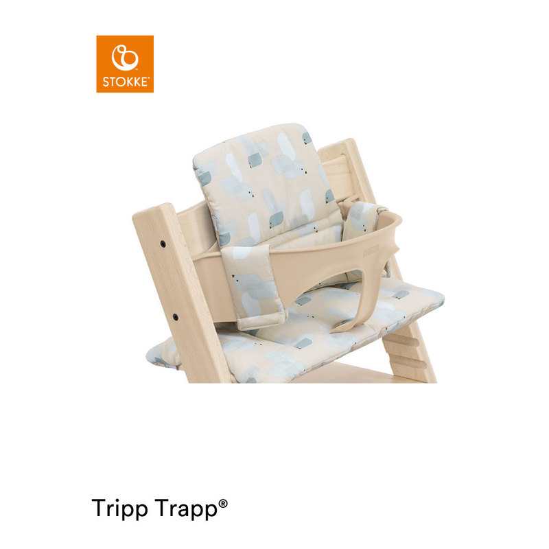 Coussin classic oiseaux beige bleu OCS pour chaise haute Tripp Trapp Stokke