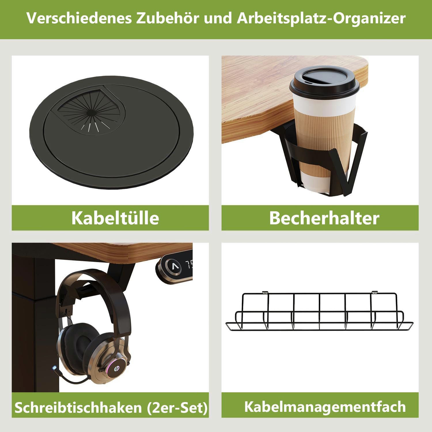 Radlove Schreibtisch Höhenverstellbarer Schreibtisch mit Schubladen (140x76 cm, 4-Memory Steuerung, Rollen, Getränkehalter, Drahtkorb, Schubladen), Schreibtisch Höhenverstellbar Elektrisch mit Monitorständer