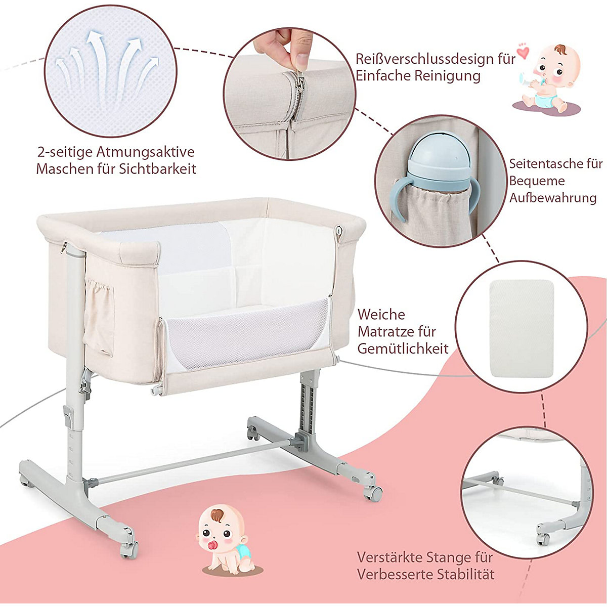 Beistellbett Babywiege inkl. Matratze Reisebett Höhenverstellbar