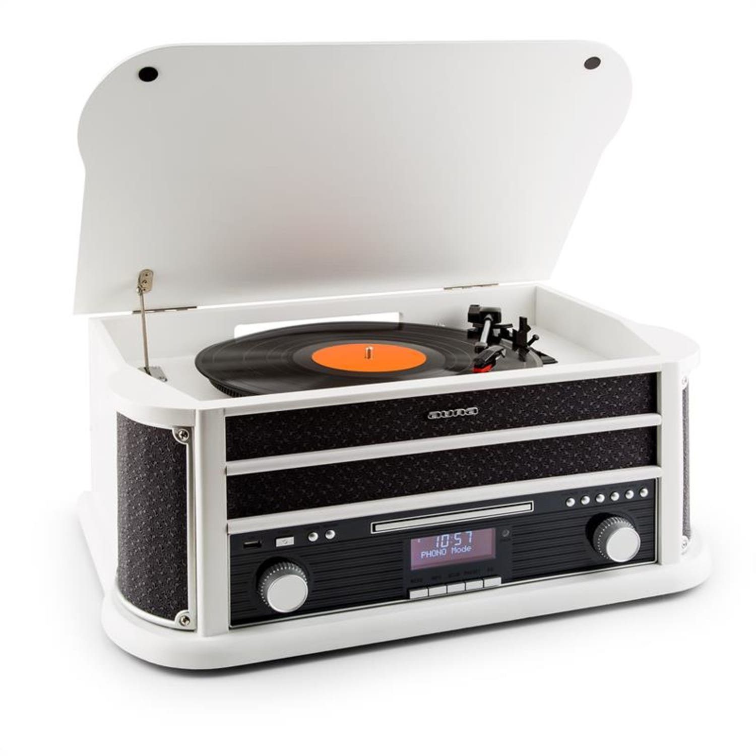 Auna Belle Epoque 1908 DAB Plattenspieler (Riemenantrieb, Schallplattenspieler Retro mit Lautsprecher Radio Vinyl Plattenspieler)