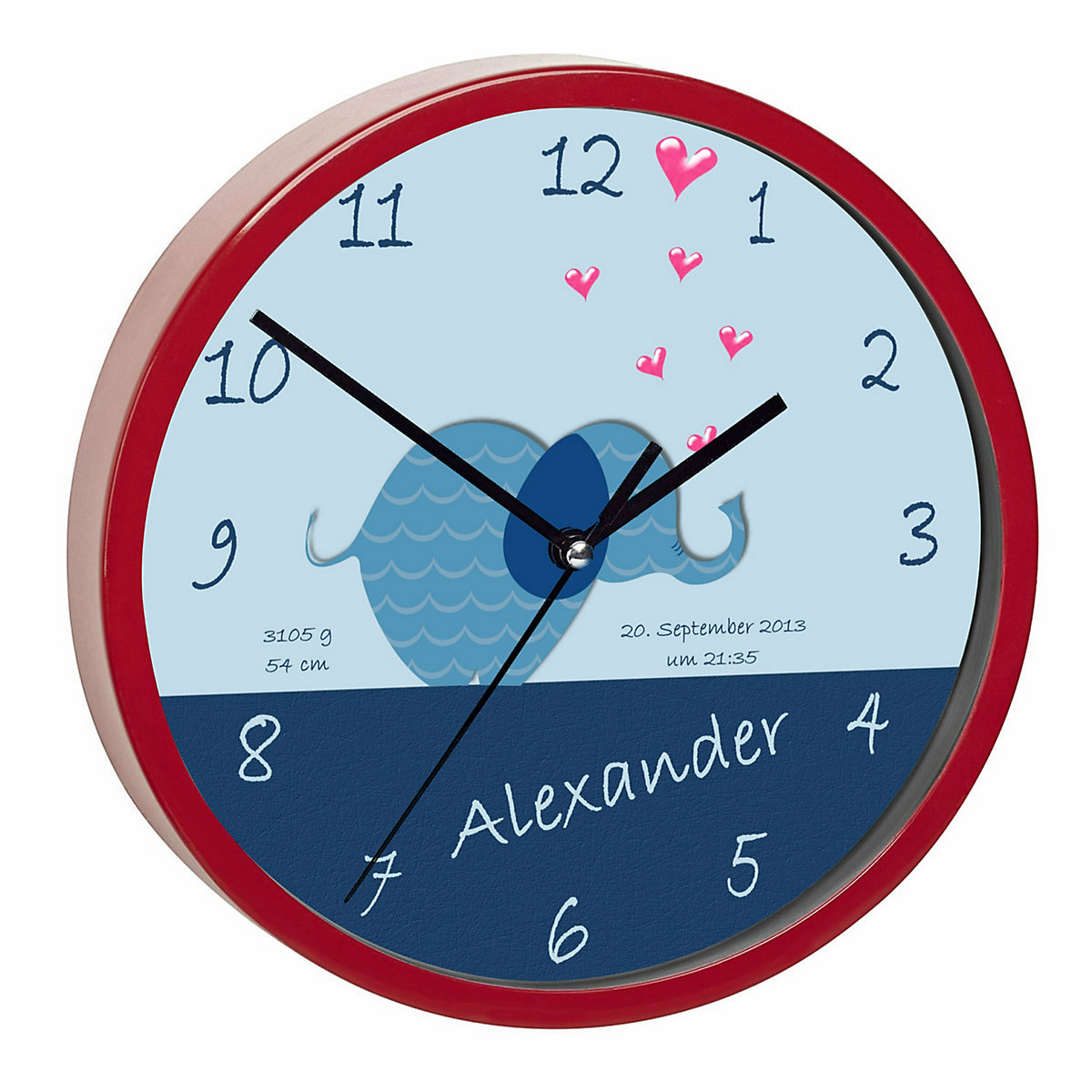 Kinder Wanduhr laufruhig personalisiert mit Name Elefant blau
