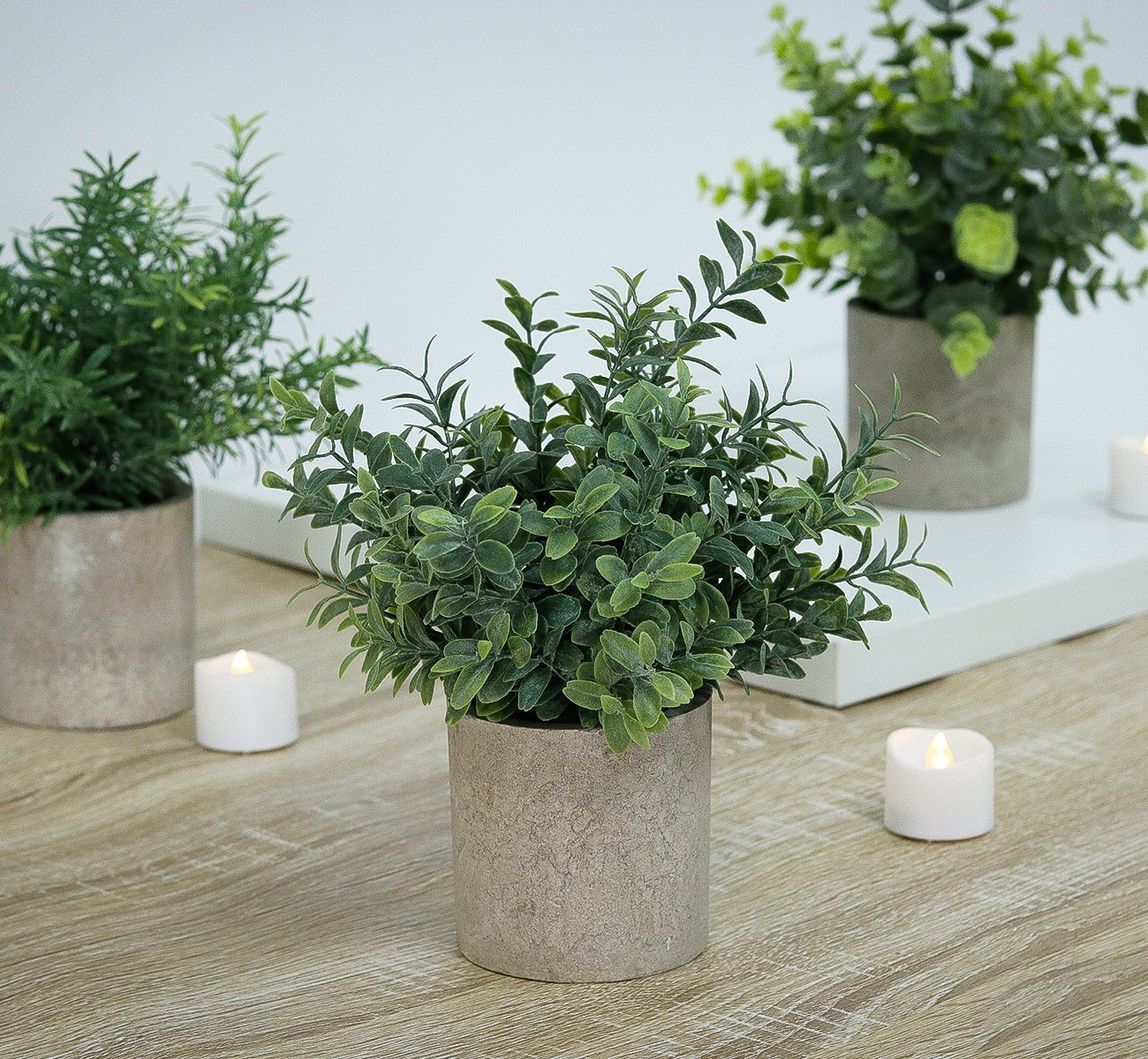 Künstliche Zimmerpflanze 3 Stück Mini Kunstpflanzen mit Töpfen Eukalyptus Rosmarin Babysbreath, Homewit, Tischdeko Haus Balkon Büro Deko