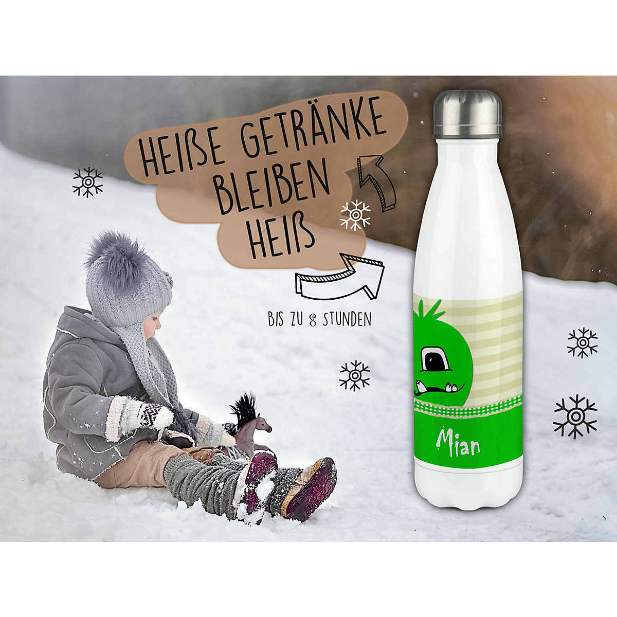 Edelstahl Kinder Thermoflasche / Trinkflasche bunt Monster Karo Farbe grün Spülmaschinenfest, Auslaufsicher, Bruchfest, Doppelwandig, Für Heißgetränke geeignet, Mit Deckel, Isoliert