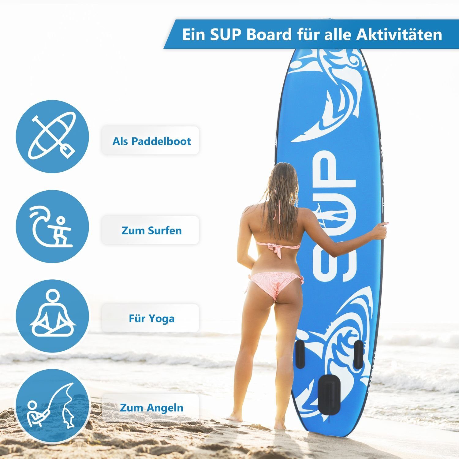 24Move SUP-Board Supboard Set, Premium Stand Up Paddleboard aufblasbar, inkl. Zubehör, Longboard, (Rucksack, Paddel, Action Cam ready, Doppelhub Pumpe, Sicherungsleine, 6 tlg., für Kinder & Erwachsene, BLAU, 366x80, bis 200 kg), mit Drop Stich Techno