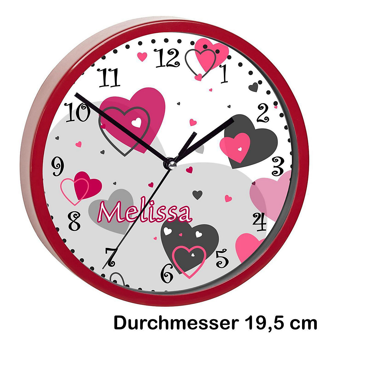 Kinder Wanduhr personalisiert mit Name Herz Rosa Grau