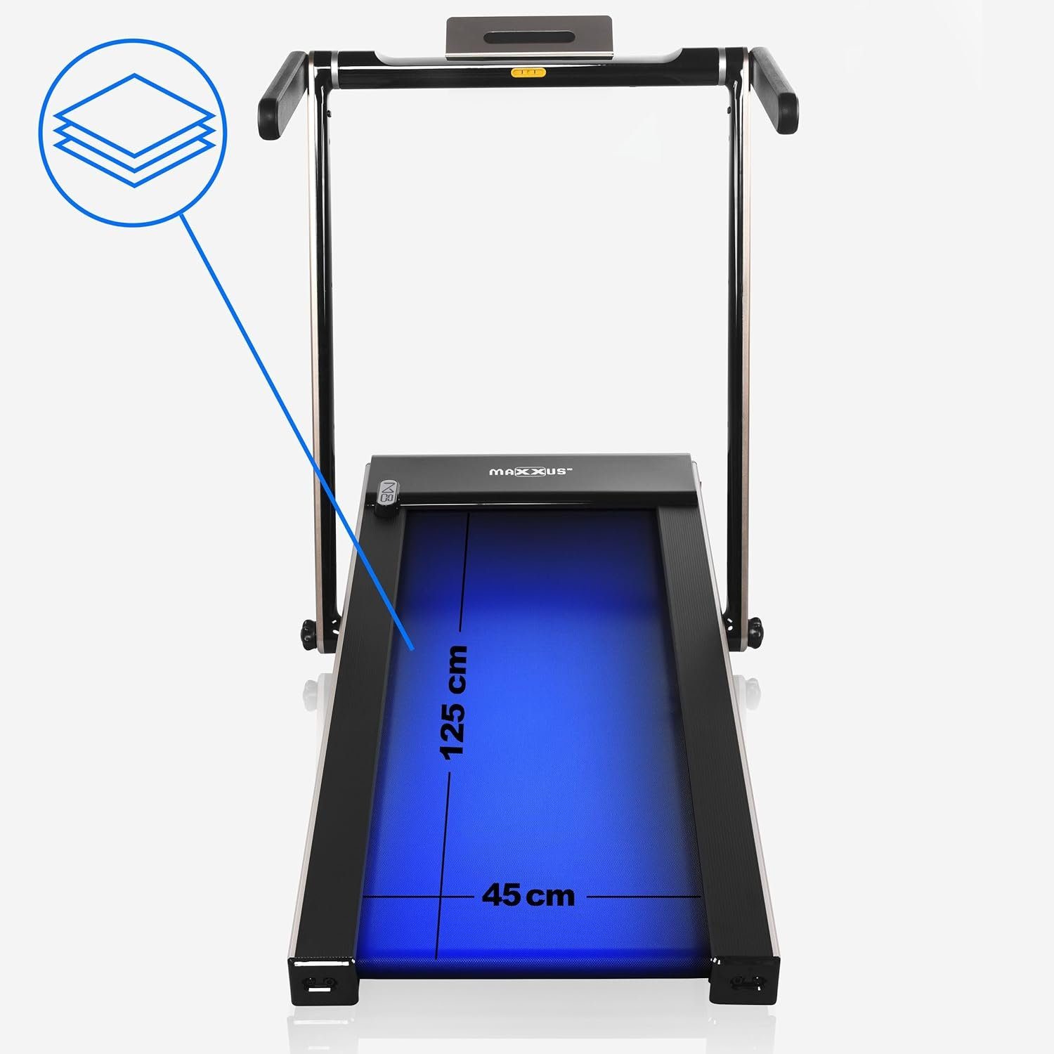 MAXXUS Laufband (Halterung, Rot/Silber/Bronze - Fitnessgerät für Zuhause, Büro, Trainin), Elektrisch, 2 PS, 12 km/h, Klappbar Lauffläche 125x45cm, mit Bluetooth