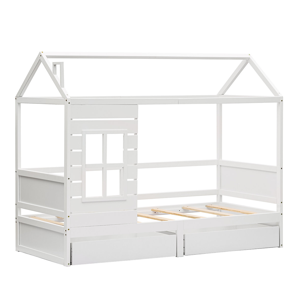 Hausbett 90x200 cm mit 2 Schubladen und Rausfallschtutz, Dach und Fenstern