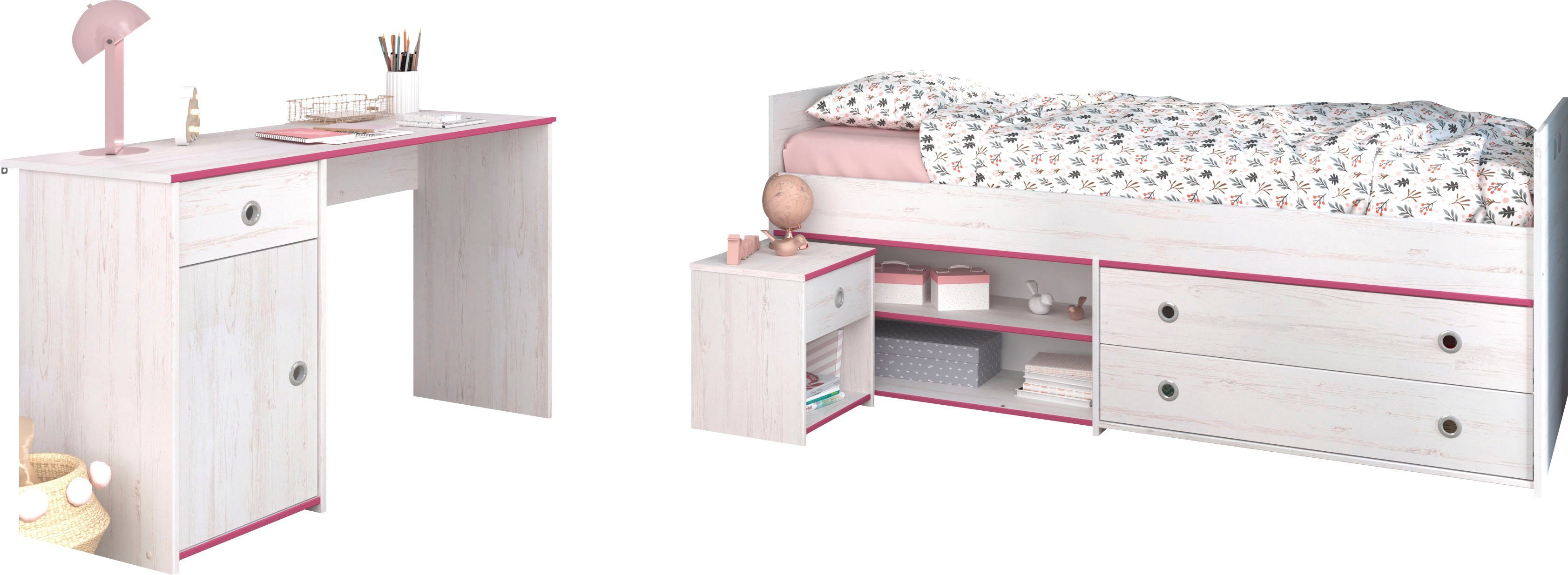 Parisot Jugendzimmer-Set Smoozy, (3-St., Stauraumbett, Nachttisch und Schreibtisch)