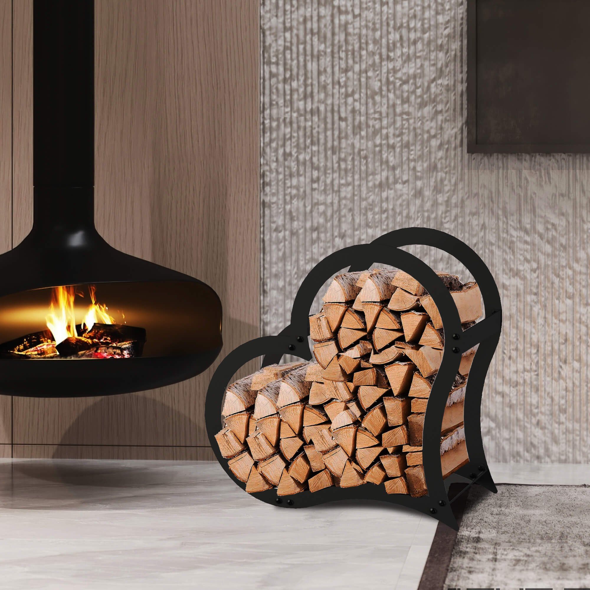 DanDiBo Kaminholzregal Kaminholzregal Metall Schwarz Stehend Herz 52 cm Kaminholzständer, Herzförmig und Freistehend
