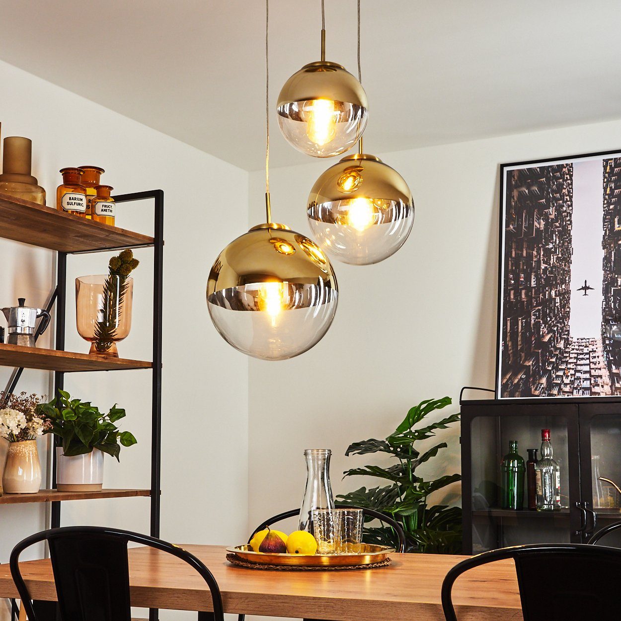 hofstein Hängeleuchte Arola 3-flammige Deckenlampe aus Metall in Gold, ohne Leuchtmittel, Moderner Look Pendellampe mit Glasschirm in Gold. 1xE27