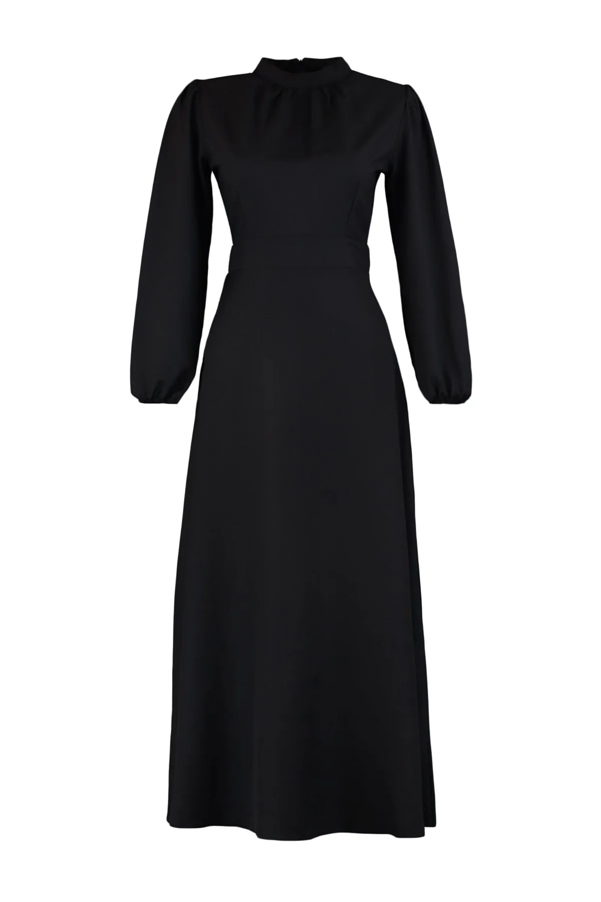 Trendyol Modest  Schwarzes gewebtes Kleid mit geraffter Vorderseite und Stehkragen TCTAW23EB00191