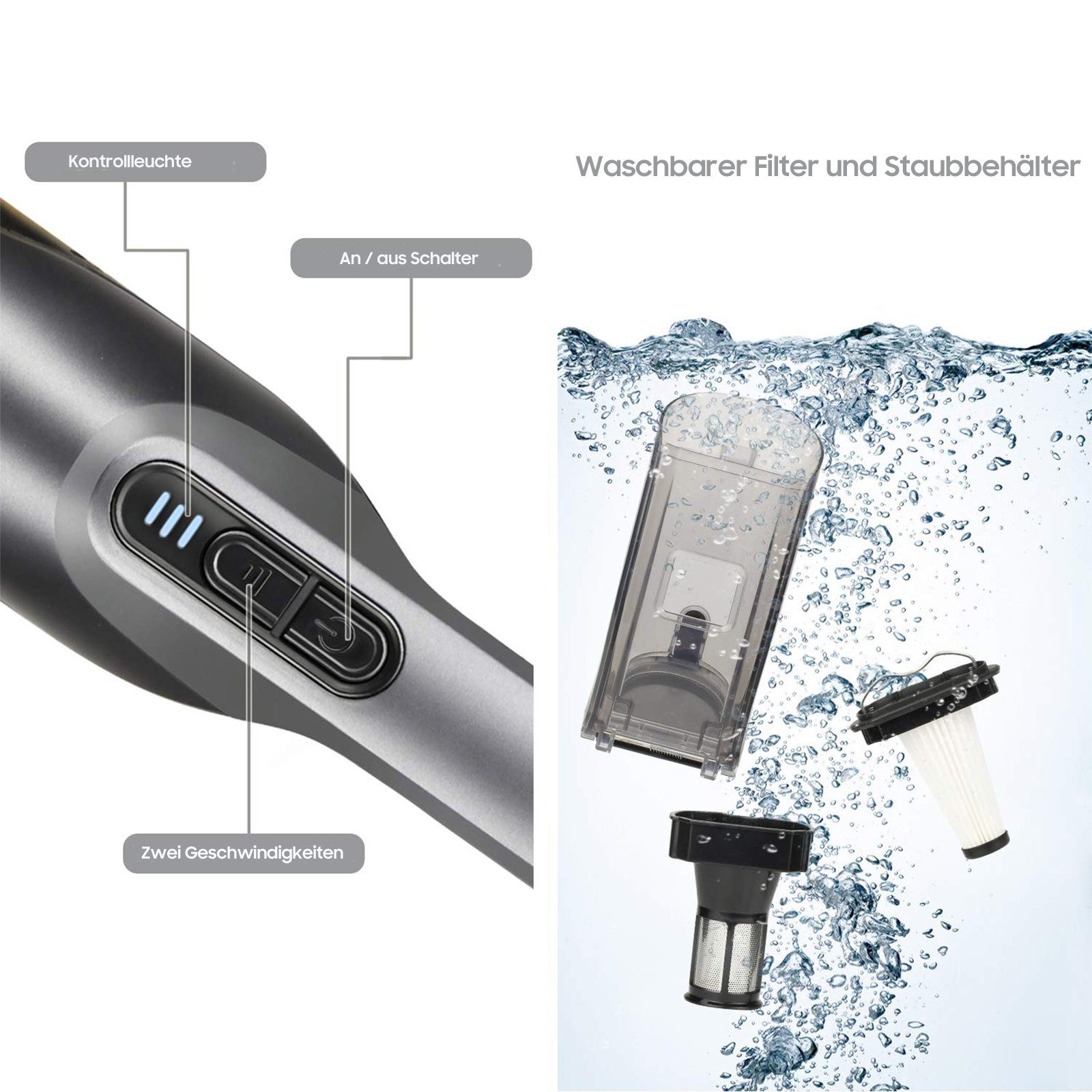 Aoucheni Akku-Handstaubsauger 3 in 1 Akku-Handstaubsauger mit Ladestation, 85,00 W, beutellos