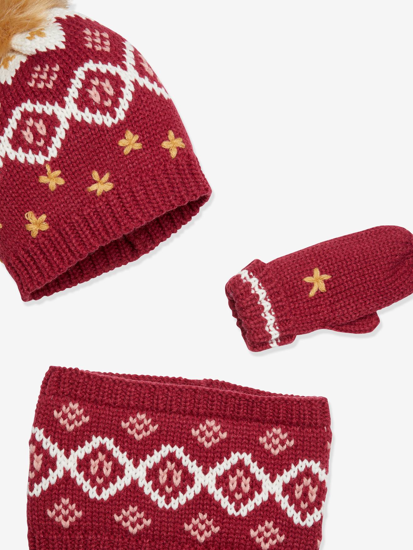 Ensemble fille bonnet + snood + gants jacquard framboise