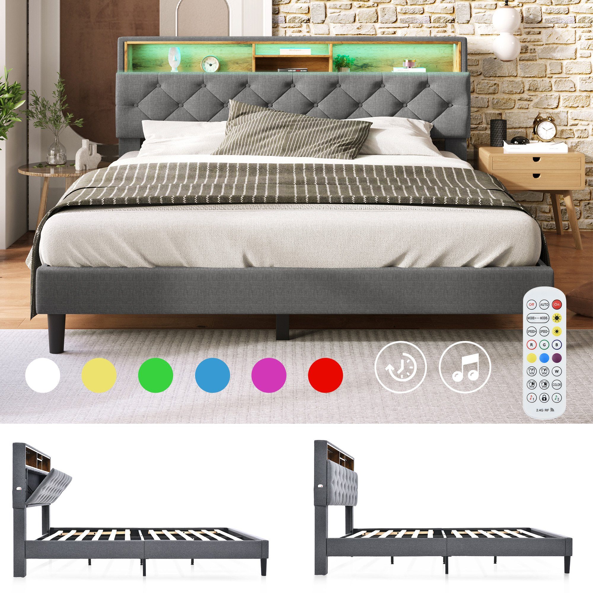Flieks Polsterbett, LED-Beleuchtung Doppelbett mit Stauraum 140x200cm Leinen