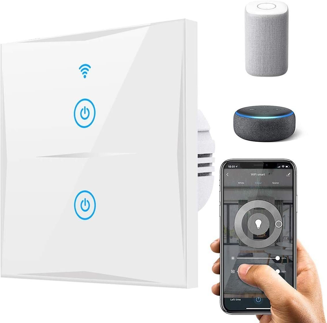 KESSMANN Lichtschalter Smart Home Touch Wifi 2-Weg Lichtschalter Wireless Schalter weiß Glas (Energiesparend, 1-St., smarthome Schalter ohne für Steckdose Alexaschalter Licht Lampe), kompatibel mit Alexa Google Assistant LED Wandschalter WLAN Timer f