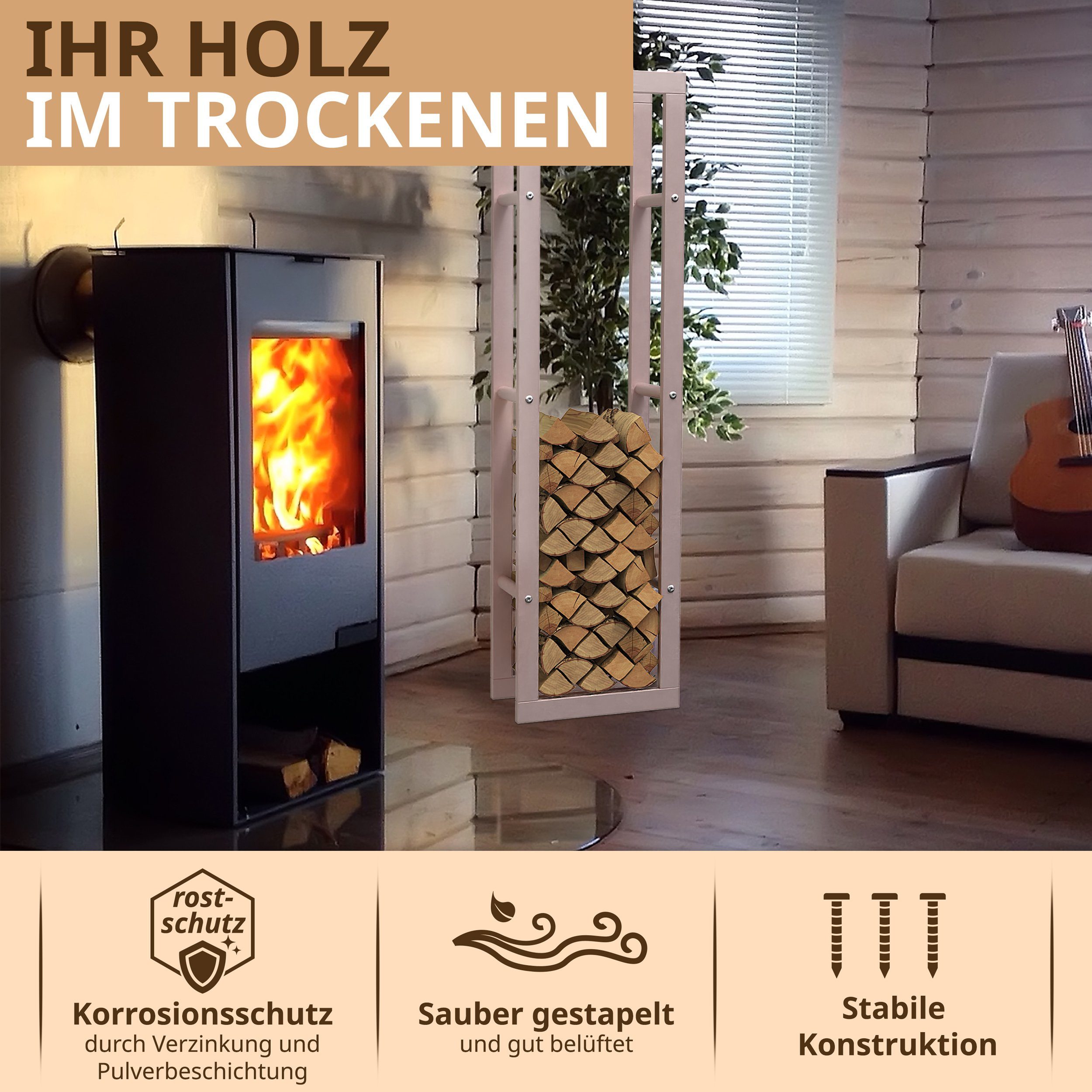 LAWA Living and Lifestyle Kaminholzregal Metall Feuerholzregal innen Kaminholzhalter Stapelhilfe Brennholz, BxTxH:40x25x150 cm, verzinkt, pulverbeschichtet, stehend, liegend, BEIGE / CREMEWEIß