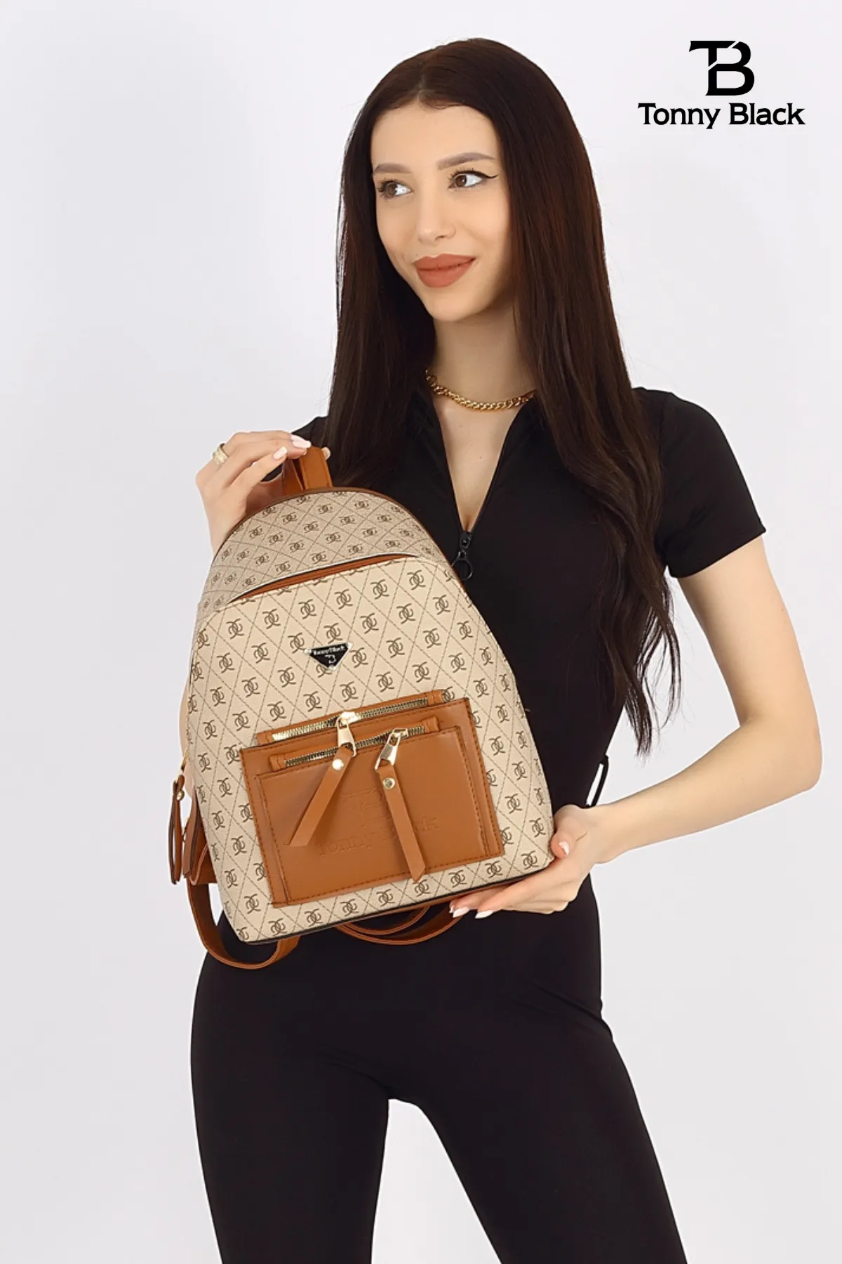 Tonny Black  Original Damen-Rucksack und Umhängetasche mit verstellbarem Riemen, Komfortmodell, 3 Fächer, luxuriös, stilvoll, mit mehreren Fächern