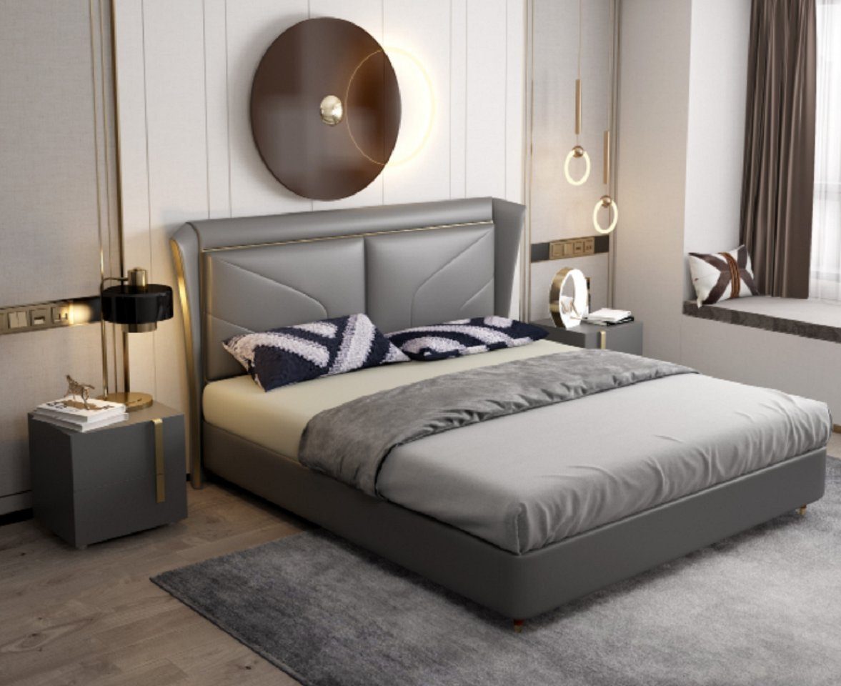 JVmoebel Bett Graues Schlafzimmer Doppelbett Designer Betten Holzgestell (1-tlg., Nur Bett), Made in Europa