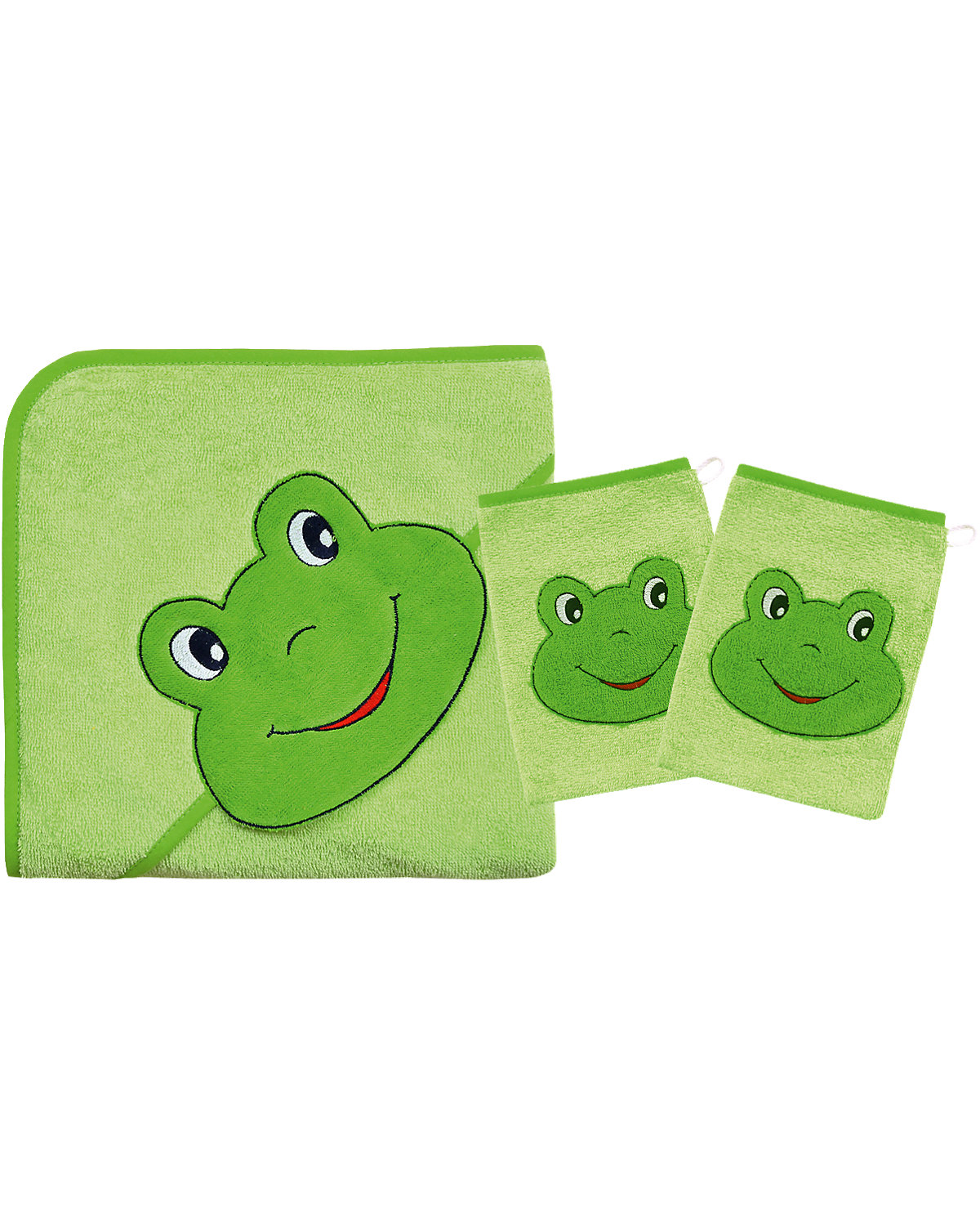 Set Kapuzenbadetuch mit 2 Waschlappen, Frosch limone, 80 x 80 cm
