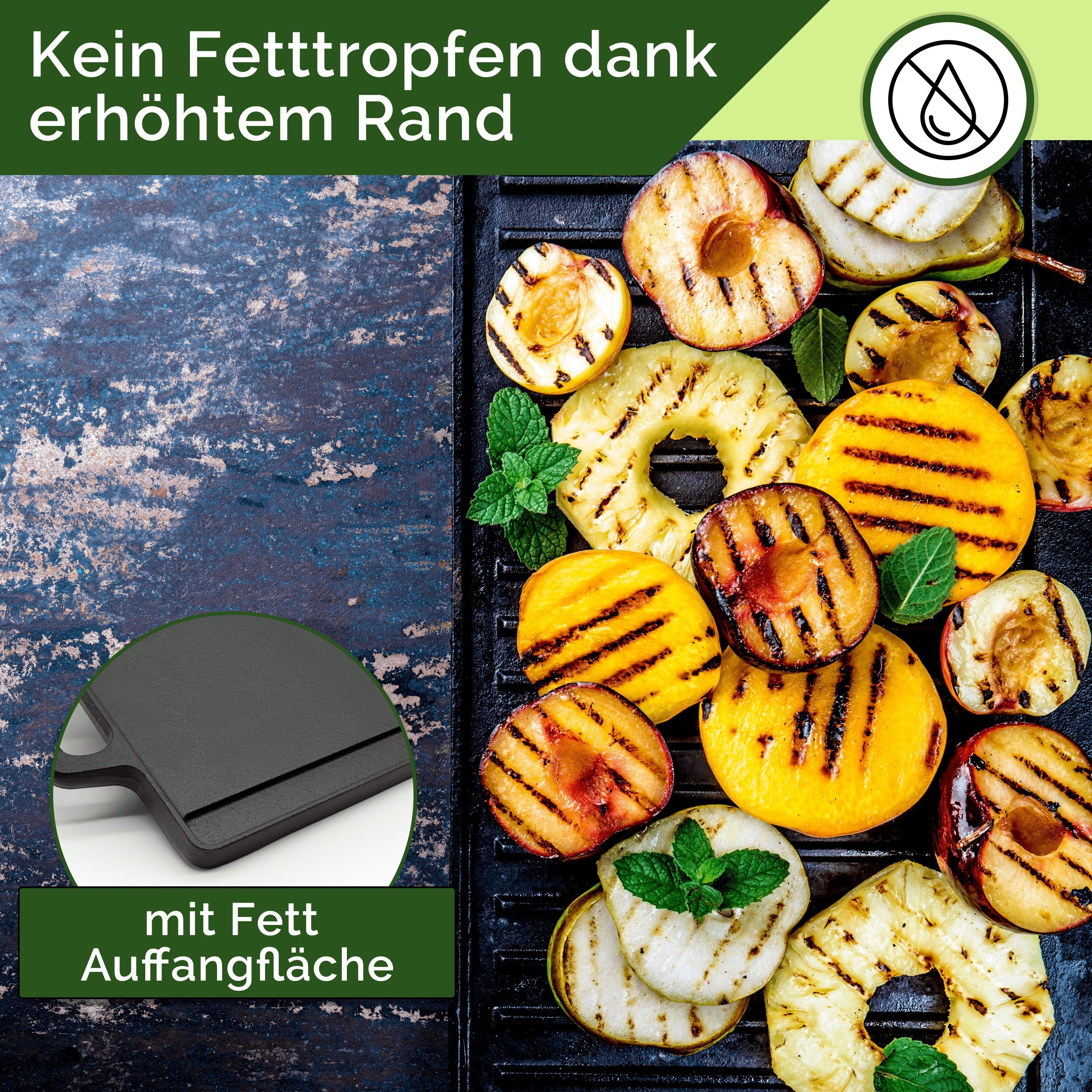Funkenflug Grillplatte Grillplatte Gusseisen [45,5x23 cm] für sensationelle Grill Ergebnisse (ohne Anbrennen - Gussplatte für Gasgrill, Holzkohlegrill, Ofen & Herd -, 1-St., Grillplatte Gasgrill mit Fettauffangfläche), 2 in 1 Gussplatte
