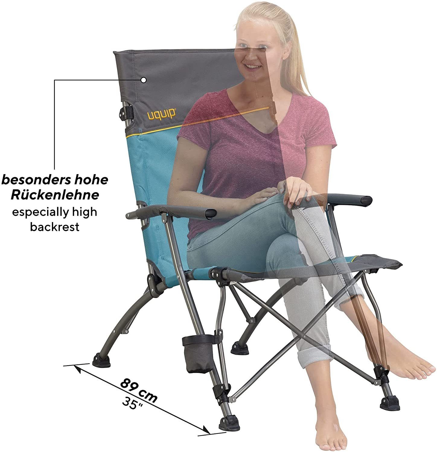UQUIP Campingstuhl Sidney Campingstuhl - Lounge-Charakter, bis 120 kg Traglast, gepolsterte Armlehnen, breite Standfüße gegen Einsinken in weichem Boden, hohe Lehne