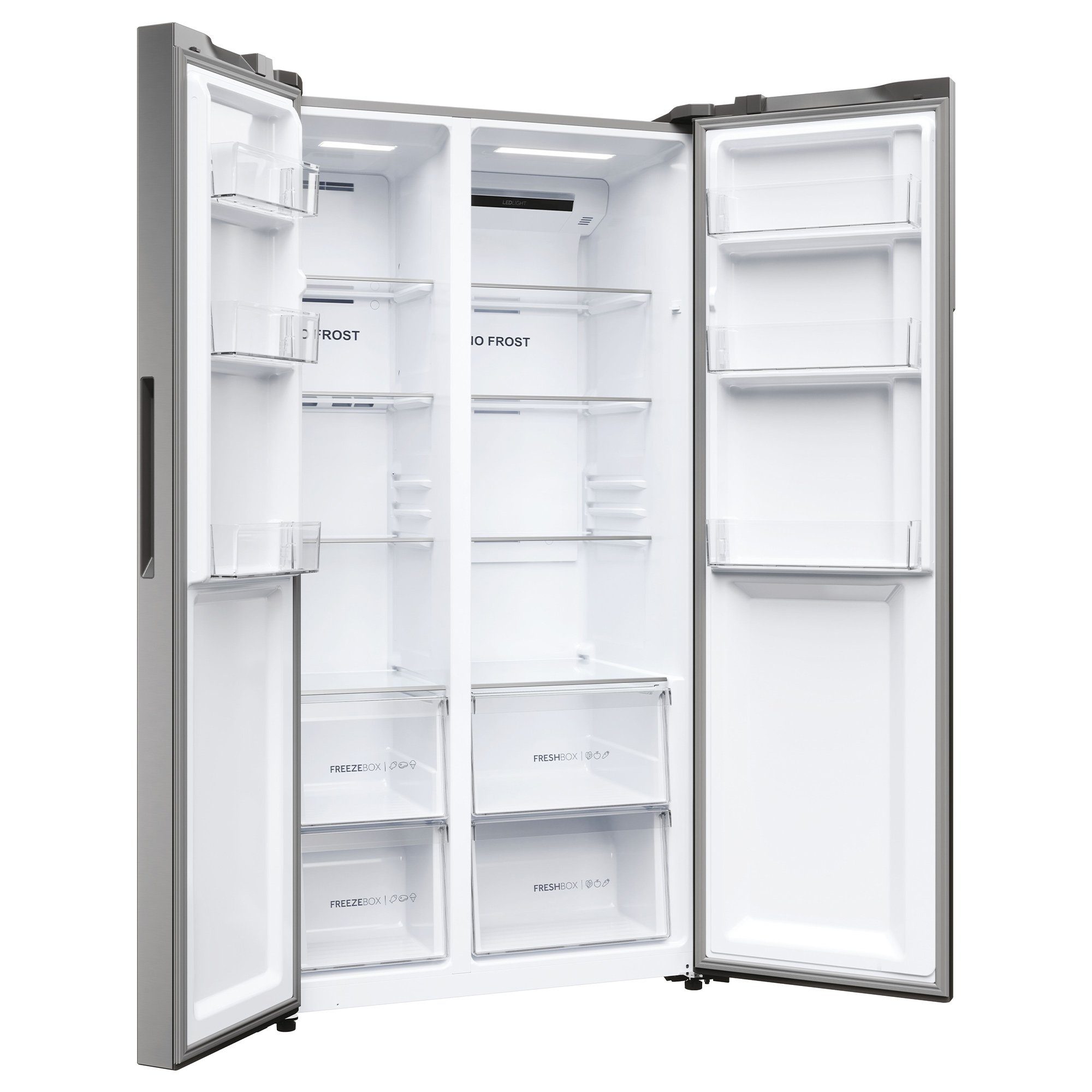 Haier Side-by-Side Front aus Edelstahl HSR5918DNMP, 177,5 cm hoch, 90,8 cm breit, Total NoFrost, Mutli Airflow, Top LED Beleuchtung, XL Slim Line