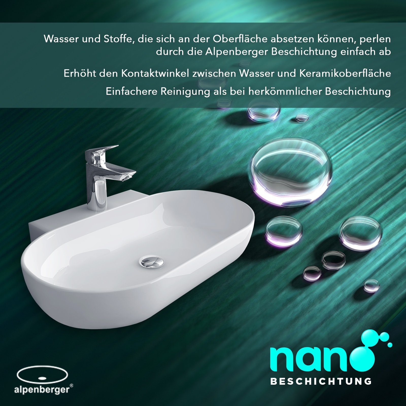 Alpenberger Waschbecken Ovaler Waschtisch in Weiß, hygienisch mit Nano Beschichtung (1-tlg., Keramik Handwaschbecken), Lotus Effekt, pflegeleicht, modernes Design