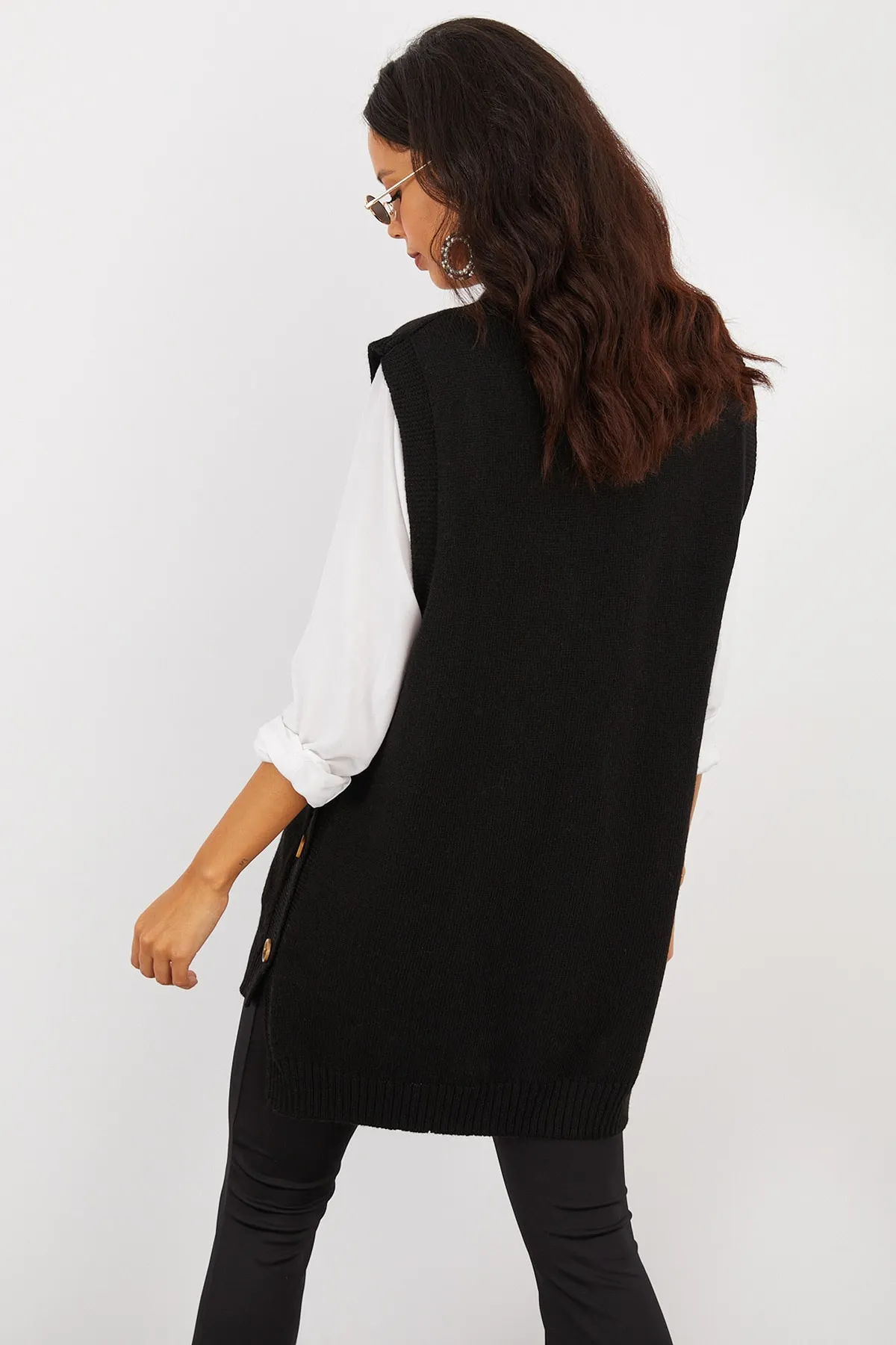 Cool & Sexy  Schwarze, seitlich geknöpfte, ärmellose Stricktunika für Damen YV75