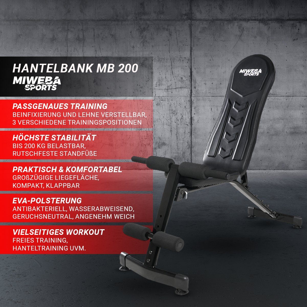 Miweba Sports Hantelbank Profi Trainingsbank MB200 - verstellbare & klappbare Flachbank, (6-fach verstellbare Lehne, Widerstandsbänder, 200 Kg max. Benutzergewicht, 3 Trainingspositionen, rutschfeste Standfüße, Bauchtrainer, Workout, Krafttraining, H