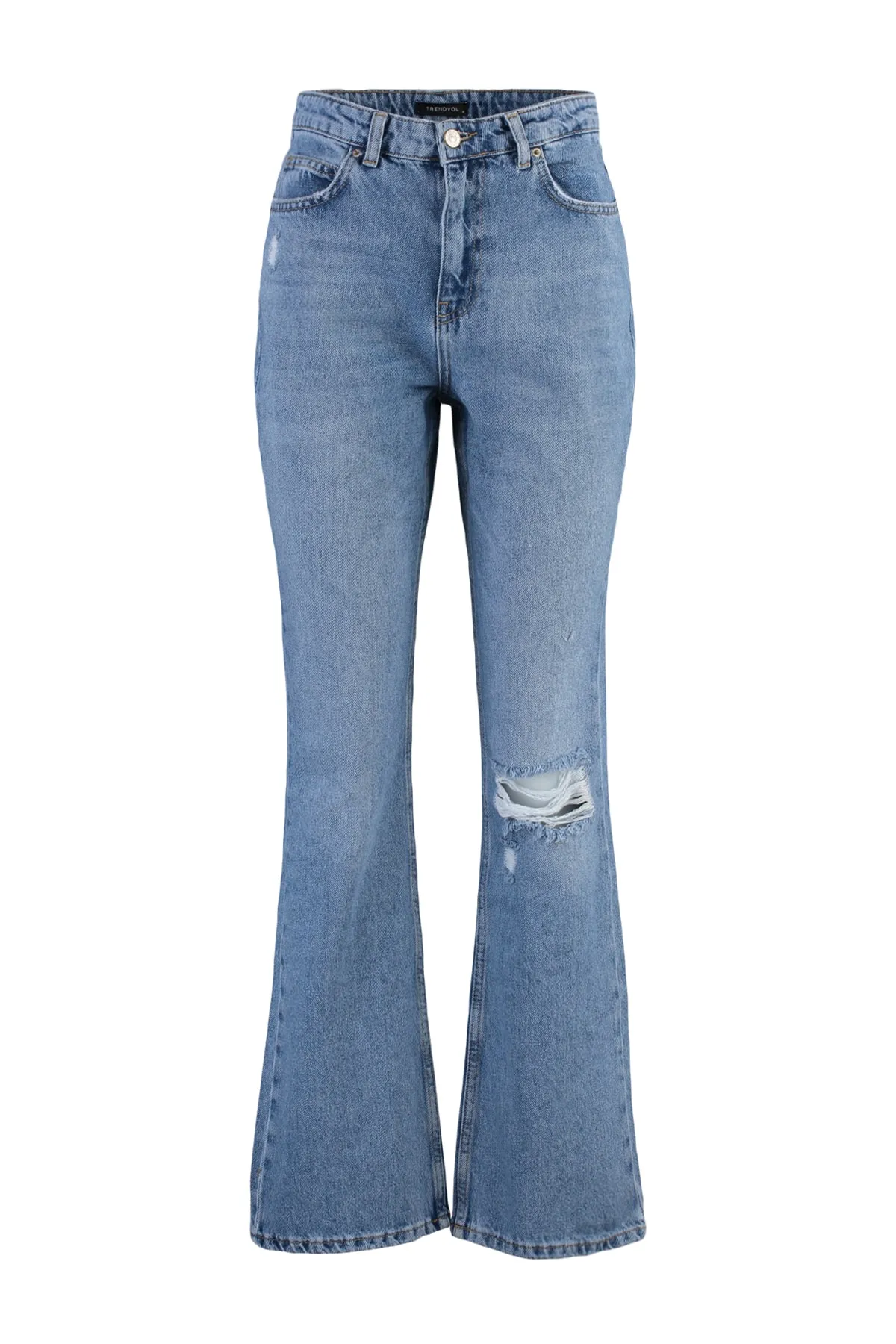 Trendyol Collection  Blaue Schlagjeans mit zerrissenem Detail und hoher Taille TWOSS22JE0440