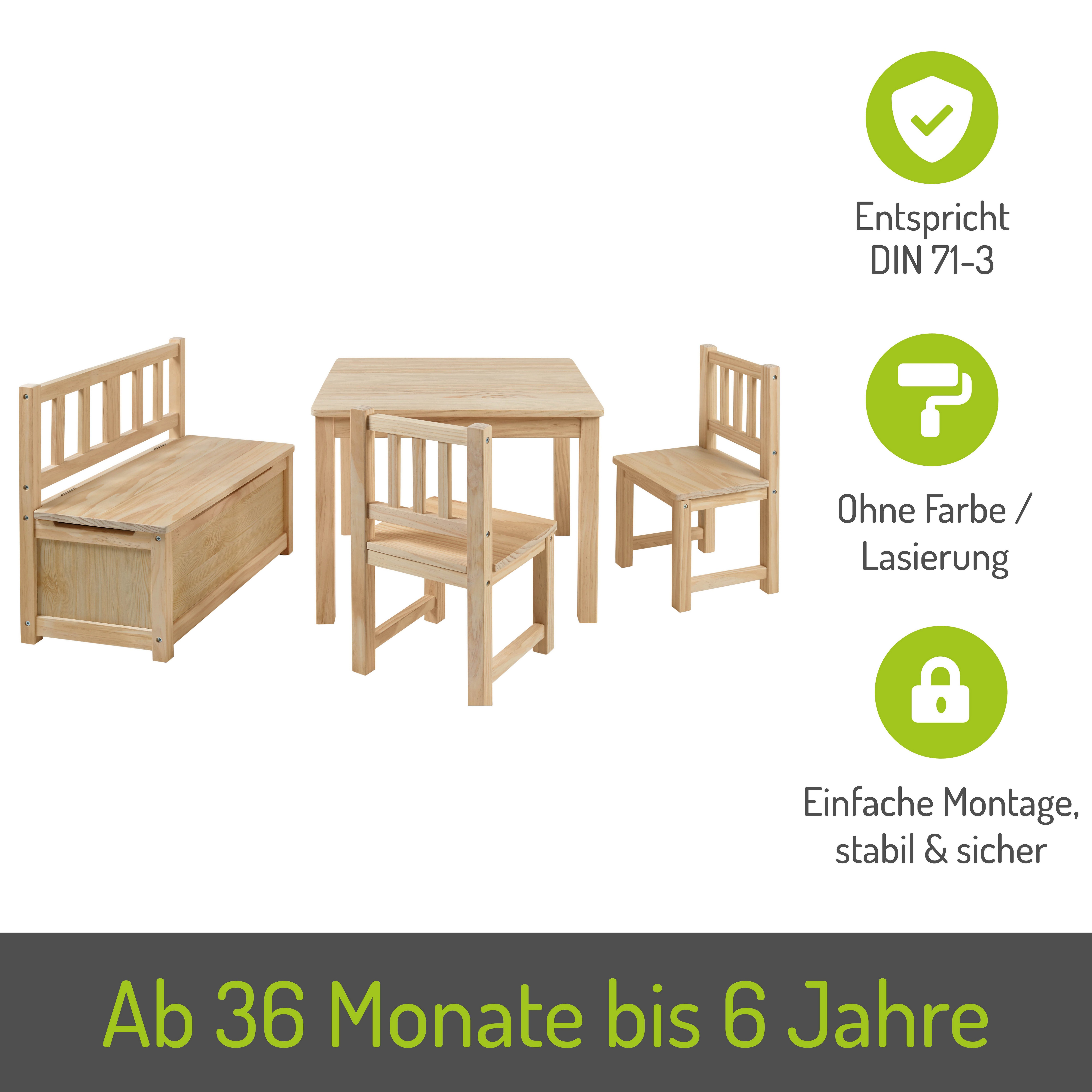 BOMI Kindersitzgruppe Holzsitzgruppe Anna, (4-tlg), Kindertischgruppe aus Holz (4tlg. Tisch, Kinderbank, 2 x Stühle)