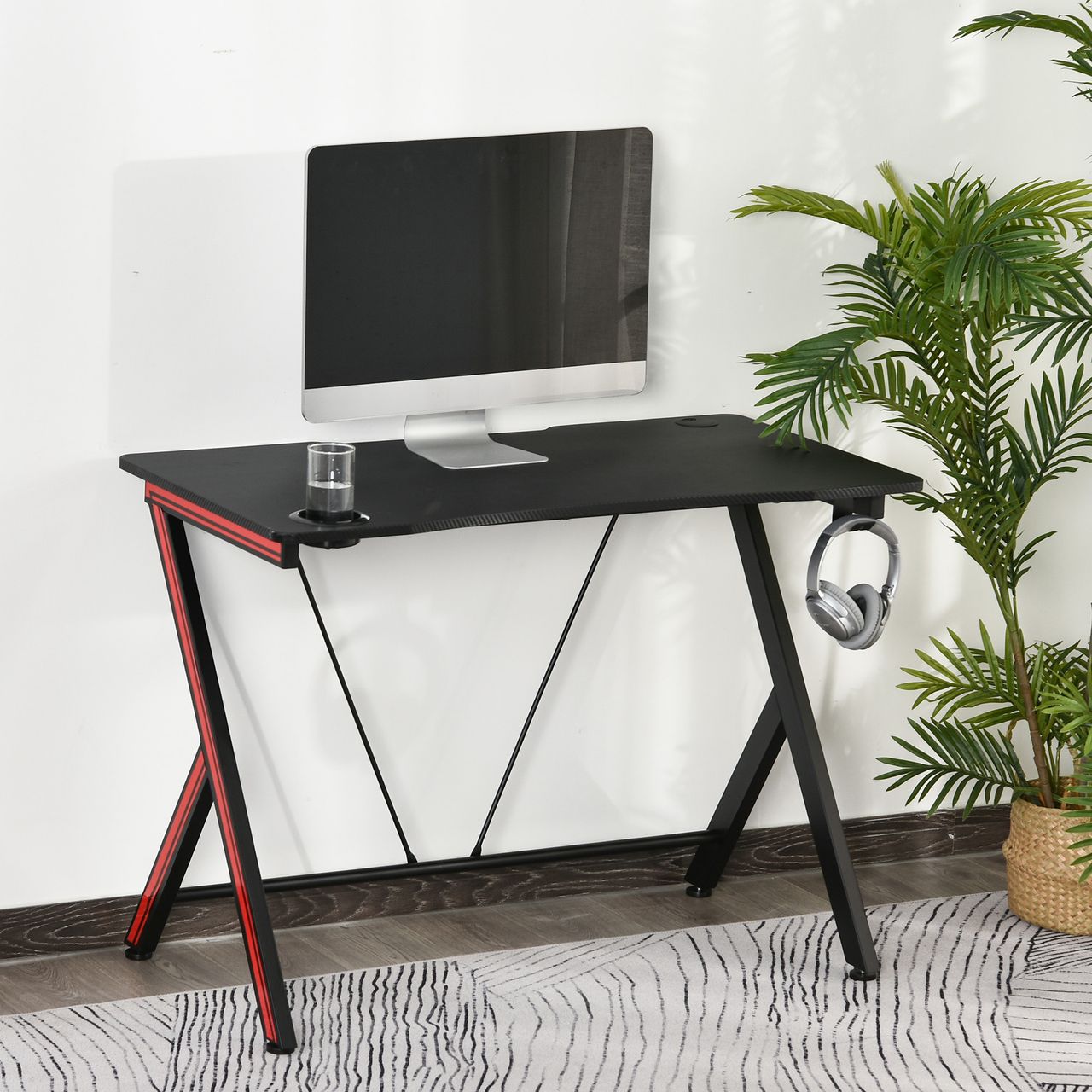 HOMCOM Gaming-Tisch Schreibtisch mit Kopfhörerhaken Getränkehalterung Computertisch Stahl   MDF Schwarz 105 x 55 x 75 cm
