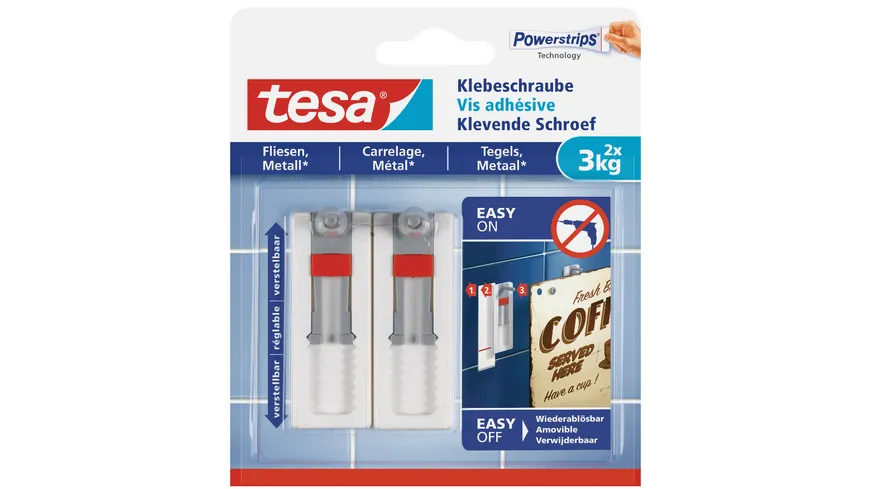 tesa Powerstrips® Verstellbare Klebeschraube für Fliesen und Metall (3kg)