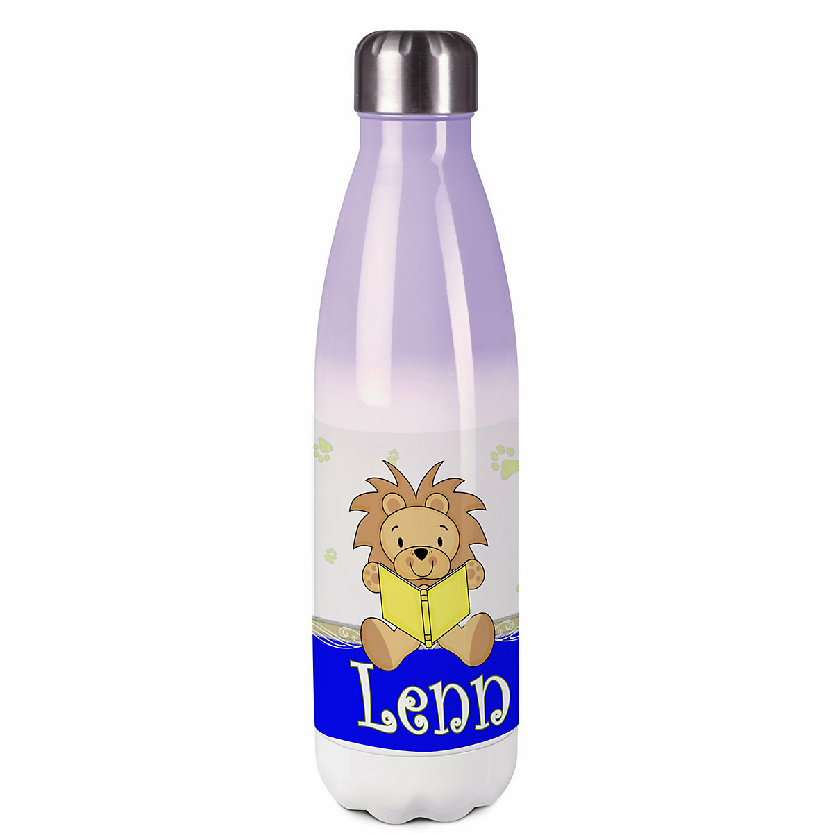 Edelstahl Kinder Thermoflasche / Trinkflasche bunt Leselöwe Farbe blau Spülmaschinenfest, Auslaufsicher, Bruchfest, Doppelwandig, Für Heißgetränke geeignet, Mit Deckel, Isoliert