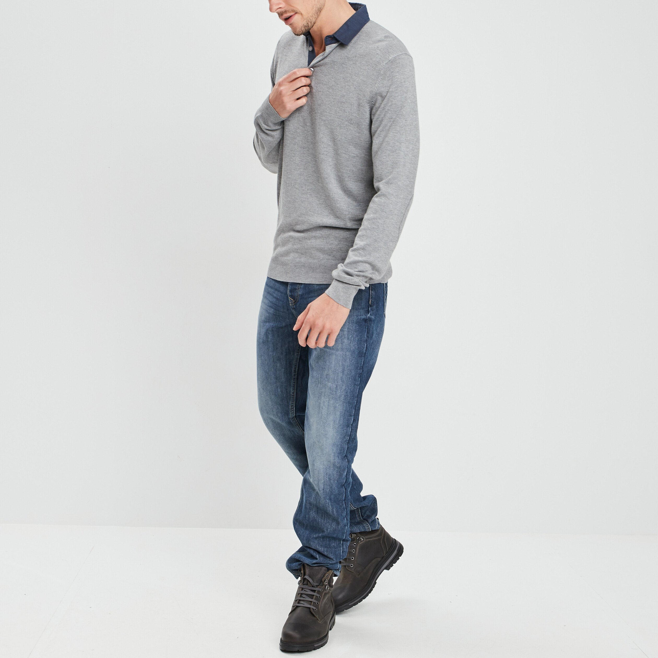 Pull avec col polo gris clair homme | La Halle