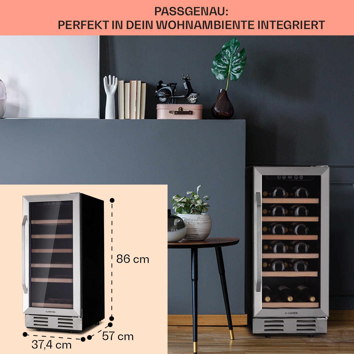 Klarstein Weinkühlschrank Vinovilla, für 31 Standardflaschen á 0,75l,Wein Flaschenkühlschrank Weintemperierschrank Weinschrank Kühlschrank