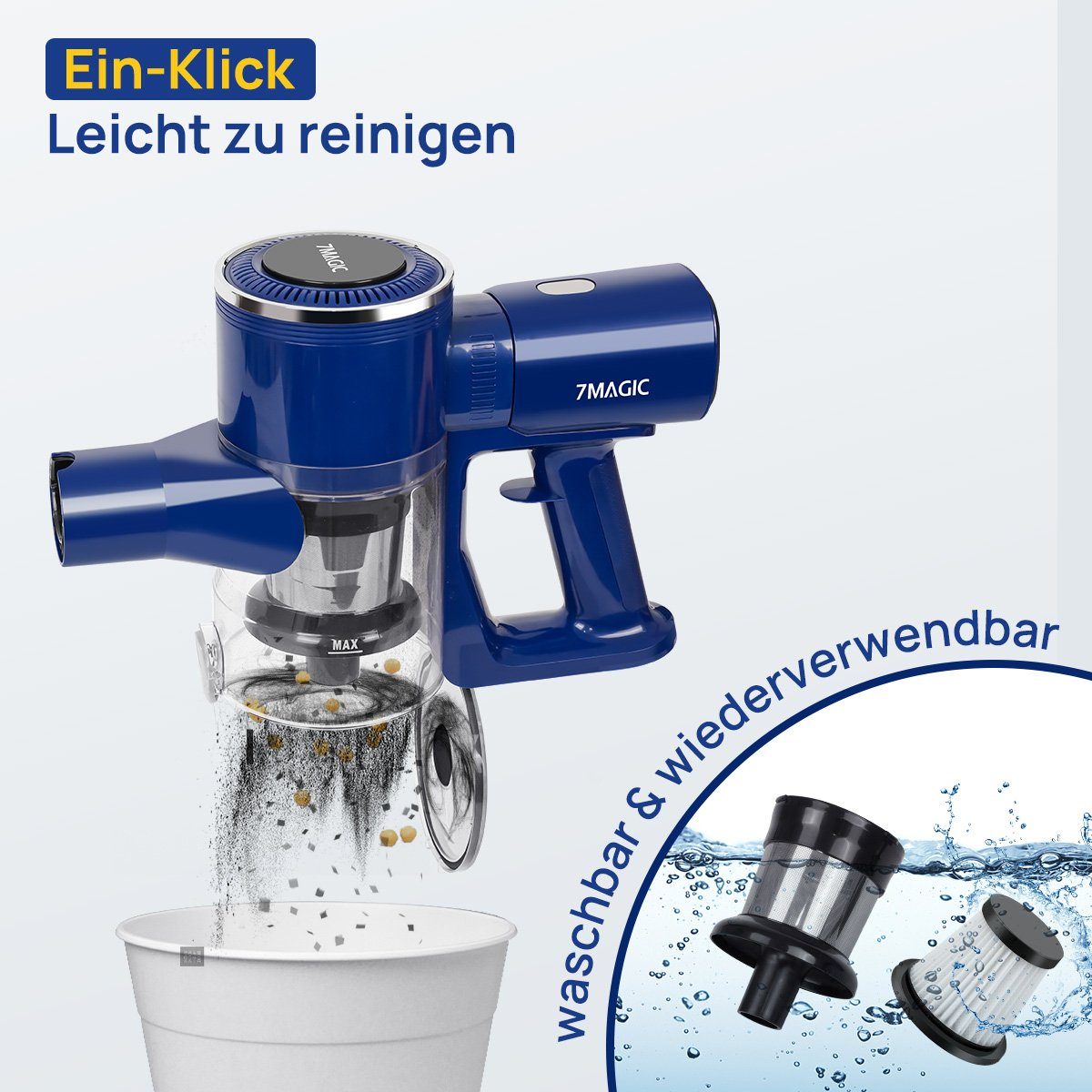 7Magic Akku-Handstaubsauger Staubsauger Kabellos mit 25000pa Saugkraft, 6 in1 Akkustaubsauger, 160 W, beutellos, 1.0L Staubbehälter, für Tierhaare, Teppich, Polster und Hartboden