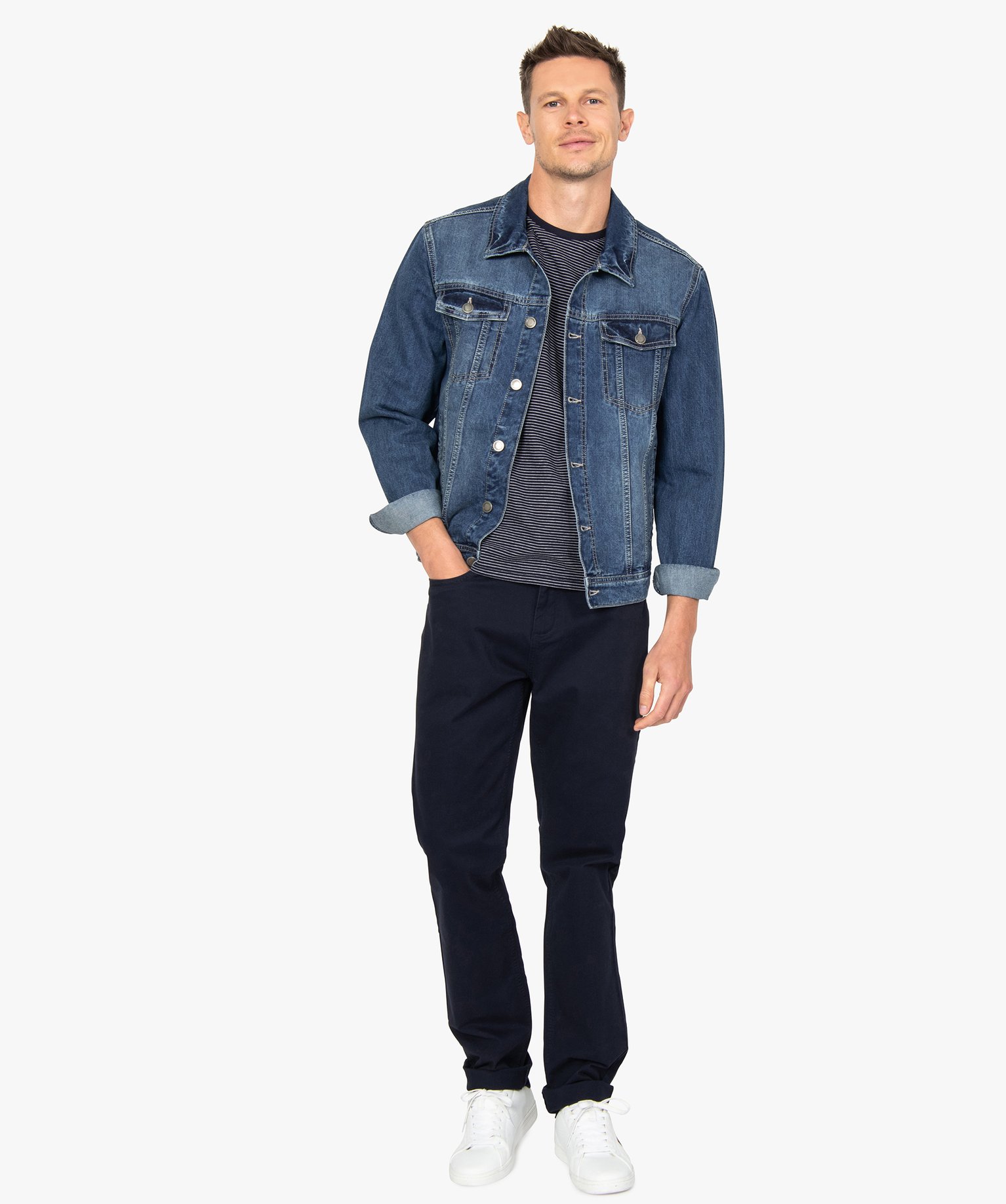 Pantalon homme straight uni en coton stretch bleu | GEMO