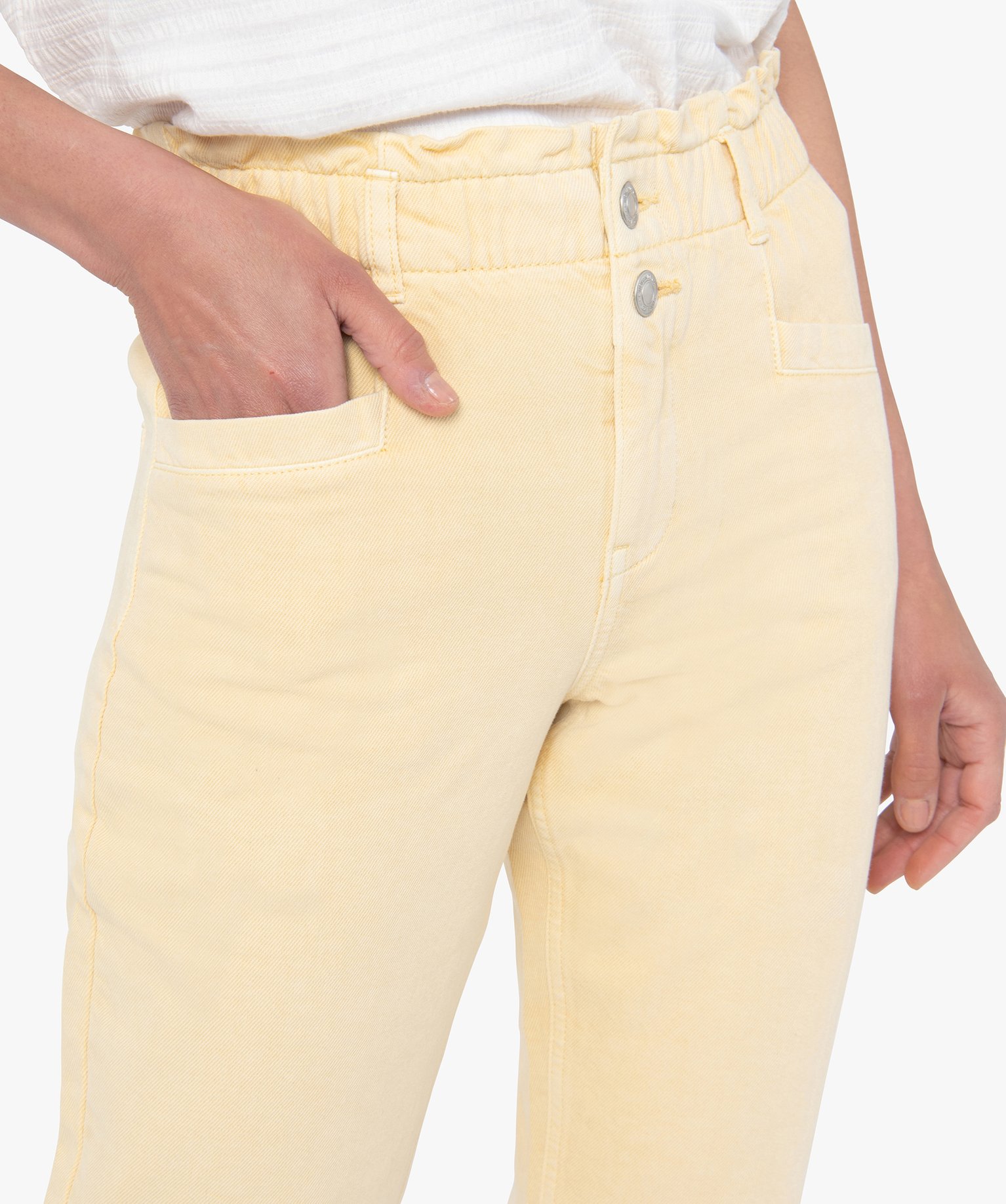Pantalon femme en toile denim avec ceinture élastique jaune | GEMO