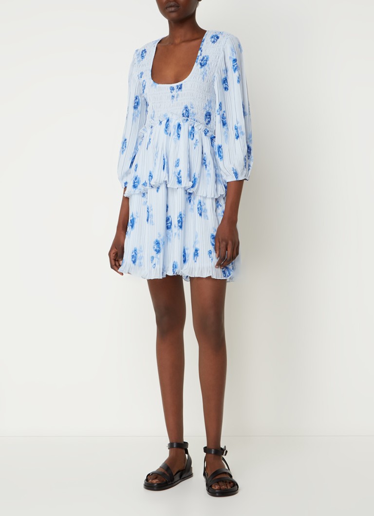 Rochie scurtă Ganni din crep cu rufe și imprimeu floral.