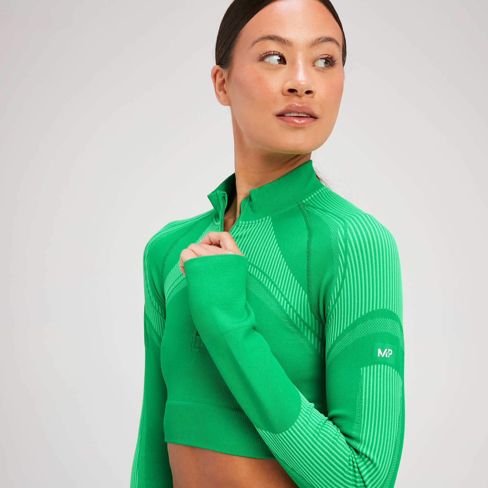 Crop top sans coutures à manches longues et à fermeture éclair ¼ MP Tempo Ultra pour femmes – Vert vif