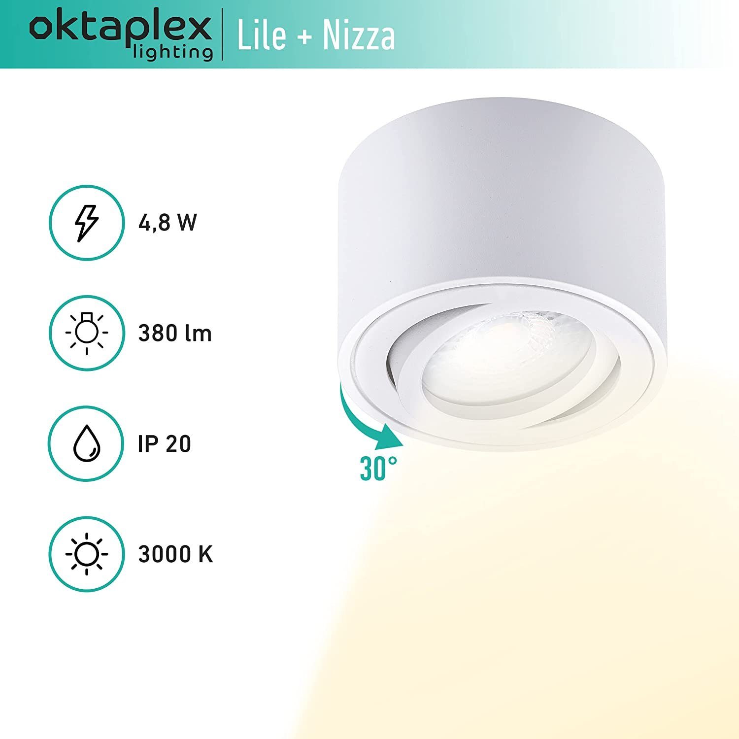 Oktaplex lighting LED Deckenstrahler 3 Stück Aufbauspots inkl. LED Leuchtmittel 5W 380 Lumen, Dimmbar, Leuchtmittel wechselbar, warmweiß, 3000 Kelvin 230V 30° schwenkbar Höhe 50mm weiß