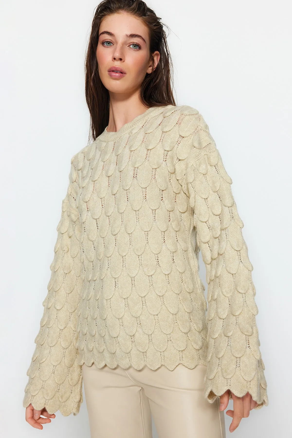 Trendyol Collection  Stone Selbstgemusterter Strickpullover mit Rundhalsausschnitt TWOAW24KZ00209