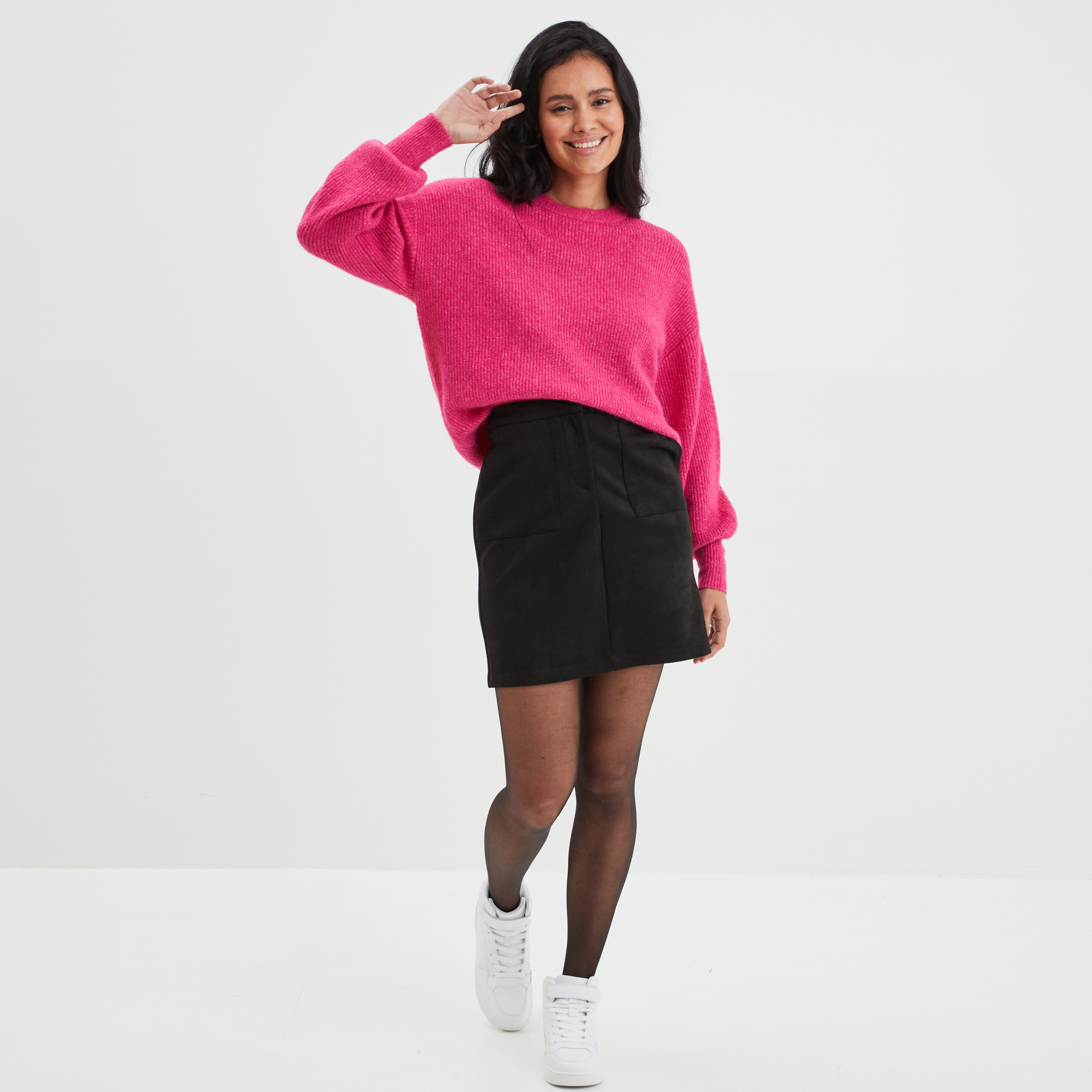 Pull col rond manches ballons rose fushia femme | La Halle