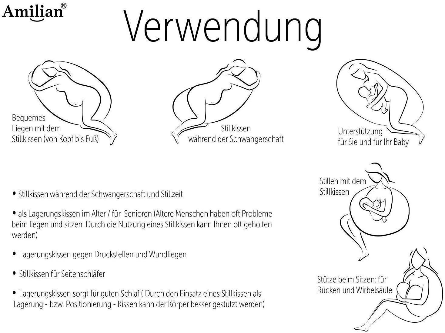 Amilian Stillkissen 170 cm (Made in EU), Seitenschläferkissen, Lagerungskissen, Schwangerschaftskissen zum Schlafen, Stillkissen mit Füllung