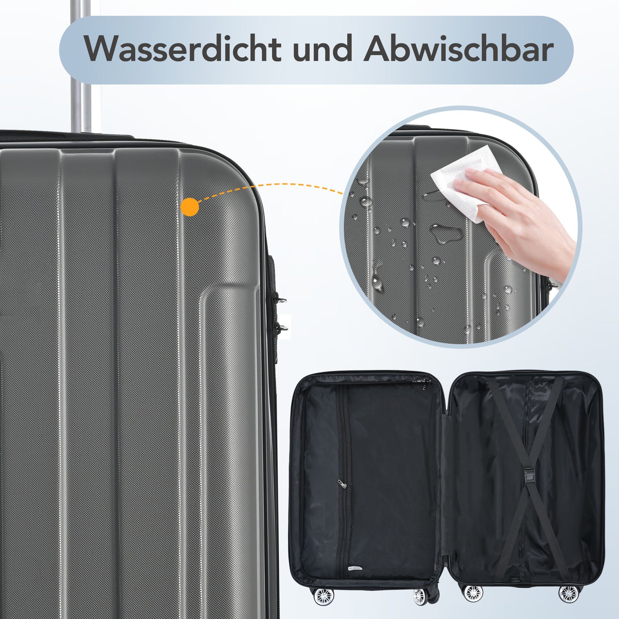 BlingBin Handgepäckkoffer Hartschalen-Handgepäck Universalrad Doppelrad mit Bremsen Grau XL, ABS-Material Mit TSA-Schloss XL - 42*28*74 cm